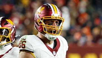 Nov 30, 2025; Landover, Maryland, USA; Washington Commanders tight end Zach Ertz (86) reacts after a catch against the Denver Broncos in the second quarter of the game at Northwest Stadium. Mandatory Credit: Geoff Burke-Imagn Images