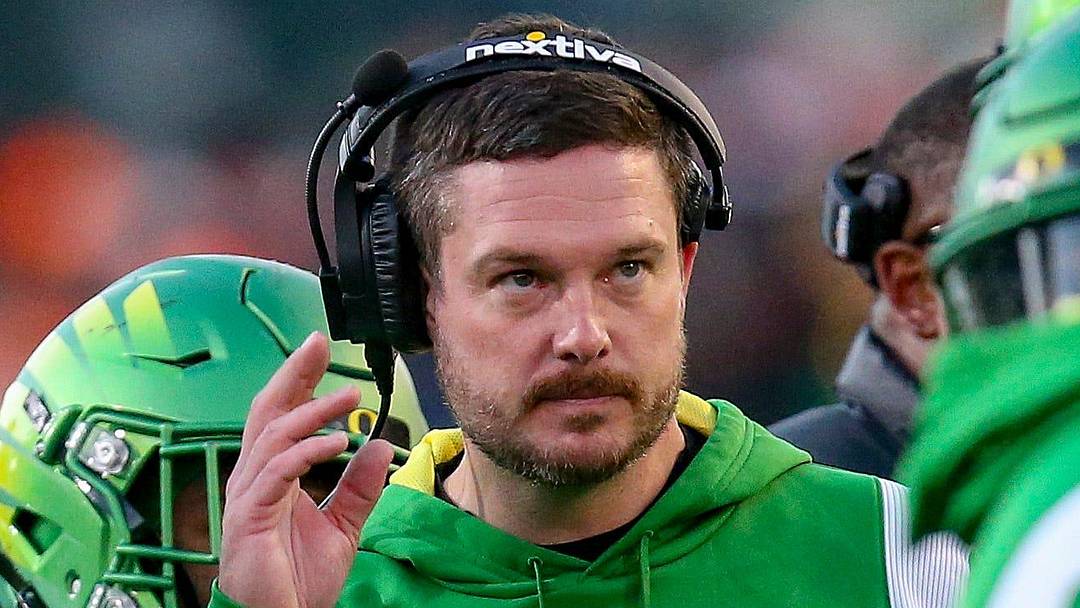 Oregon head coach Dan Lanning looks toward the scoreboard during a timeout in the second half as the No. 9 Oregon Ducks take on the No. 21 Oregon State Beavers at Reser Stadium in Corvallis, Ore. Saturday, Nov. 26, 2022.

Syndication The Register Guard
