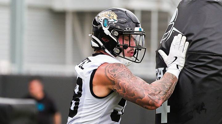 Jaguars Zach Durfee (58) runs through tackling dummies during the Jaguars’ fourth OTA of the year, Monday June 1, 2026 at the Miller Electric Center in Jacksonville, Fla. [Doug Engle/Florida Times-Union]
