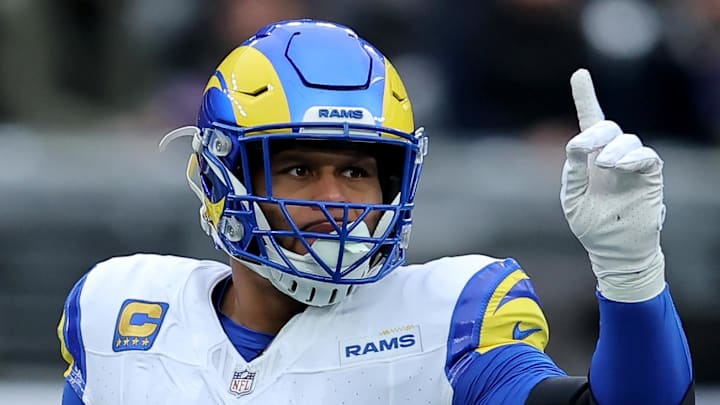 Former Los Angeles Rams defensive tackle Aaron Donald reacts to a tackle. Former Los Angeles Rams defensive tackle Aaron Donald reacts to a tackle.