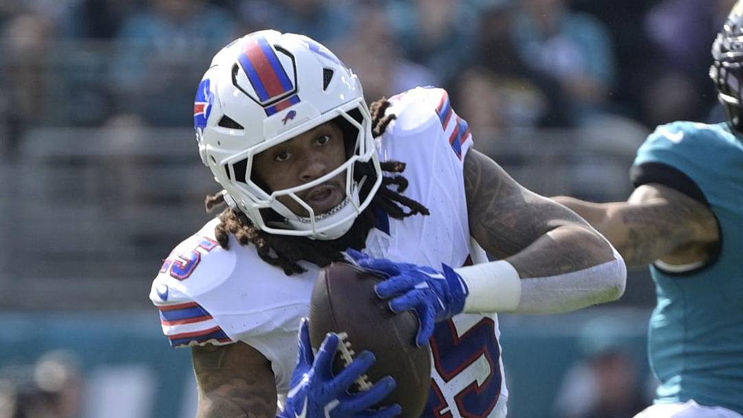 Jan 11, 2026; Jacksonville, FL, USA; Buffalo Bills linebacker Shaq Thompson (45) intercepts the ball during the first half against the Jacksonville Jaguars in an AFC Wild Card Round game at EverBank Stadium. Mandatory Credit: Melina Myers-Imagn Images