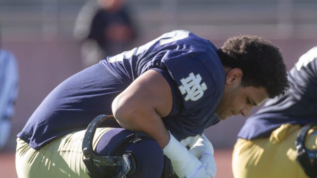 Notre Dame offensive tackle Charles Jagusah practices before the 2023 Tony the Tiger Sun Bowl