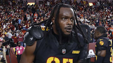 Oct 27, 2024; Landover, Maryland, USA; Washington Commanders wide receiver Noah Brown (85) celebrates after catching a game-winnning Hail Mary pass on the final play of the game against the Chicago Bears at Northwest Stadium. Mandatory Credit: Geoff Burke-Imagn Images