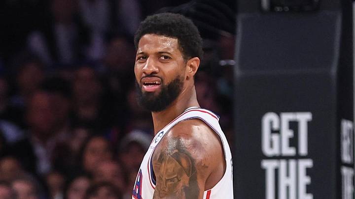 Philadelphia 76ers forward Paul George (8) reacts after gettng called for a foul against the New York Knicks during game five of the second round of the 2026 NBA Playoffs at Madison Square Garden on May 6, 2026.