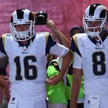 Current Detroit Lions quarterback Jared Goff (16) and quarterback Dan Orlovsky (8) as members of the Los Angeles Rams.