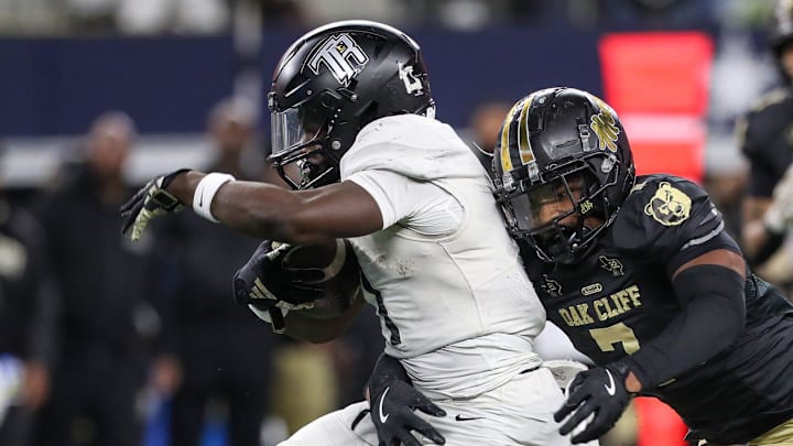 Richmond Randle running back Landen Williams-Callis explodes into the second level during the 2024 UIL Class 5A, Division II State Championship game on Friday, Dec. 20, 2024, at AT&T Stadium in Arlington, Texas.