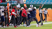 Howard University Bison head coach Larry Scott celebrates the game-winning field goal at the Orange Blossom Classic.