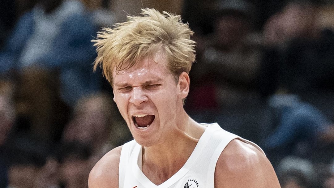 Oct 15, 2024; Toronto, Ontario, CAN; Toronto Raptors guard Gradey Dick (1) reacts after scoring against the Boston Celtics during the first half at Scotiabank Arena. Mandatory Credit: Kevin Sousa-Imagn Images