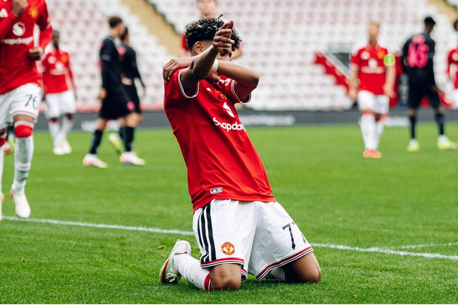 JJ Gabriel celebrates scoring for Manchester United’s U-18s. 