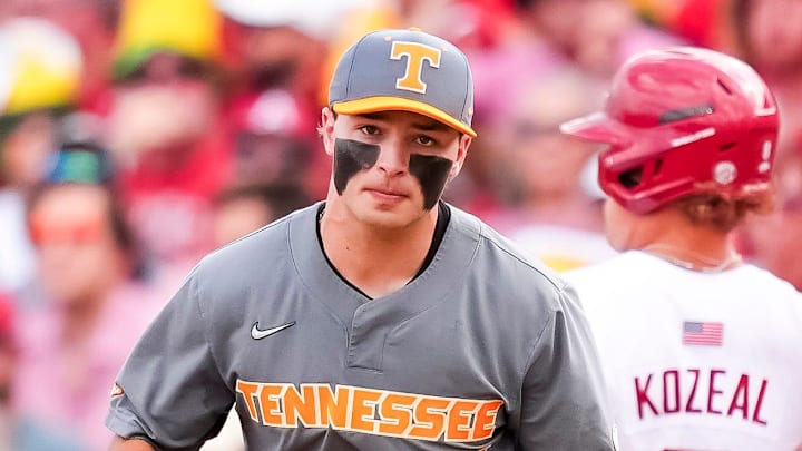 Tennessee's Andrew Fischer (11) pumps his fist after completing a double play to end the inning during game one of the NCAA baseball tournament Fayetteville Super Regional between Tennessee and Arkansas held at Baum-Walker Stadium on Saturday, June 7, 2025.