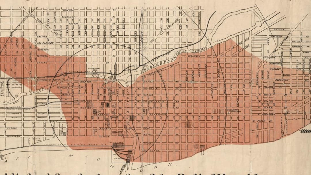 A map of the Great Chicago Fire of 1871 showing where the fire burned.