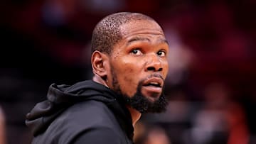 Oct 27, 2025; Houston, Texas, USA; Houston Rockets forward Kevin Durant (7) warms up prior to the game against the Brooklyn Nets at Toyota Center. Mandatory Credit: Erik Williams-Imagn Images
