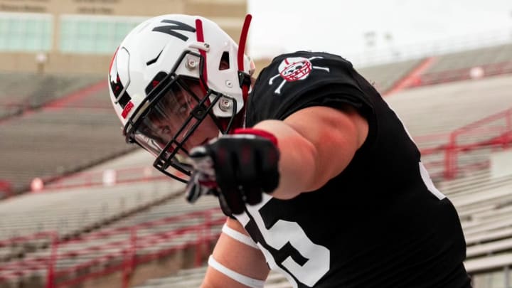 Nebraska football commit Kade Pietrzak wears a Blackshirts uniform in Memorial Stadium during a visit to Lincoln.