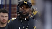 Aug 31, 2024; Ann Arbor, Michigan, USA;  Michigan Wolverines head coach Sherrone Moore on the sideline in the first half against the Fresno State Bulldogs at Michigan Stadium. Mandatory Credit: Rick Osentoski-USA TODAY Sports