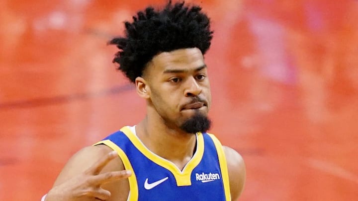 Jun 2, 2019; Toronto, Ontario, CAN; Golden State Warriors guard Quinn Cook (4) reacts after making a three pointer against the Toronto Raptors during the fourth quarter in game two of the 2019 NBA Finals at Scotiabank Arena. The Golden State Warriors won 109-104. Mandatory Credit: Kyle Terada-Imagn Images