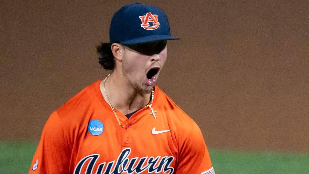 Auburn Tigers' Jackson Sanders (36) celebrates victory as Auburn Tigers take on Milwaukee Panthers during the NCAA Regional Baseball tournament at Plainsman Park in Auburn, Ala. on Monday, June 1, 2026. Auburn Tigers defeated Milwaukee Panthers 8-3.