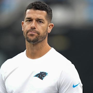 Aug 2, 2025; Charlottle, NC, USA;  Carolina Panthers head coach Dave Canales during Fanfest at Bank of America Stadium. Mandatory Credit: Jim Dedmon-Imagn Images