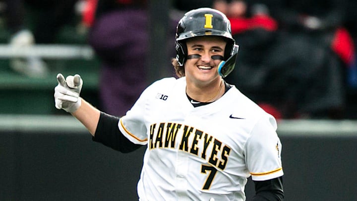 Iowa's Keaton Anthony reacts after hitting a home run during a NCAA Big Ten Conference baseball game against Nebraska, Friday, April 21, 2023, at Duane Banks Field in Iowa City, Iowa.

230421 Nebraska Iowa B 027 Jpg
