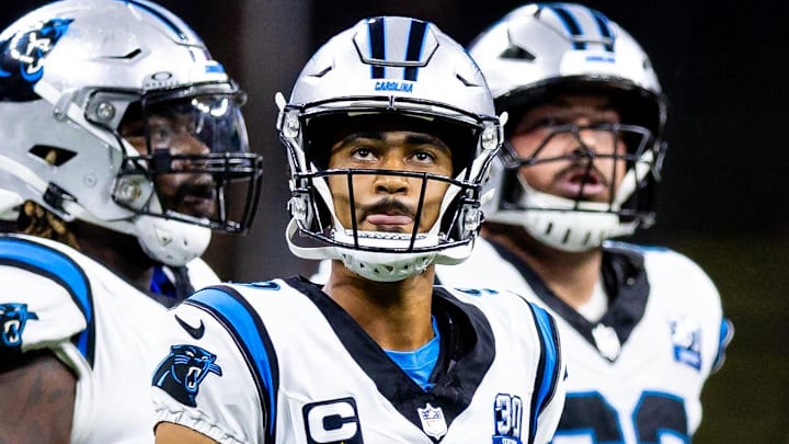 Sep 8, 2024; New Orleans, Louisiana, USA;  Carolina Panthers quarterback Bryce Young (9) looks at the video boards against the New Orleans Saints during the first half at Caesars Superdome. 