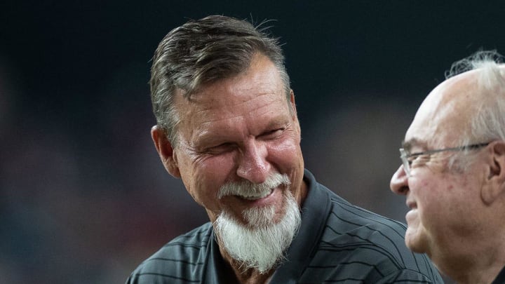 Randy Johnson laughs with managing general partner Ken Kendrick at the Arizona Diamondbacks Hall of Fame on July 27, 2024 at Chase Field in Phoenix.