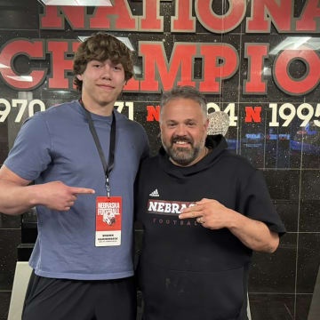 South Dakota offensive tackle meets with Nebraska head coach Matt Rhule during a visit to Lincoln in April.