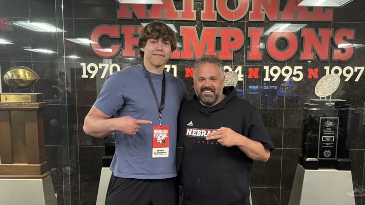 South Dakota offensive tackle meets with Nebraska head coach Matt Rhule during a visit to Lincoln in April.