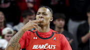 Mar 5, 2023; Cincinnati, Ohio, USA;  Cincinnati Bearcats guard Landers Nolley II (2) gestures after making a three-point basket against the Southern Methodist Mustangs in the first half at Fifth Third Arena. Mandatory Credit: Aaron Doster-Imagn Images