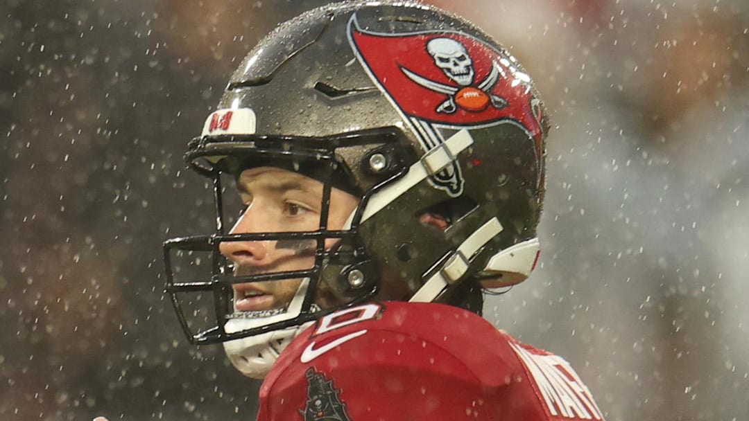 Jan 3, 2026; Tampa, Florida, USA;  Tampa Bay Buccaneers quarterback Baker Mayfield (6) throws a pass against the Carolina Panthers in the first half at Raymond James Stadium. Mandatory Credit: Nathan Ray Seebeck-Imagn Images