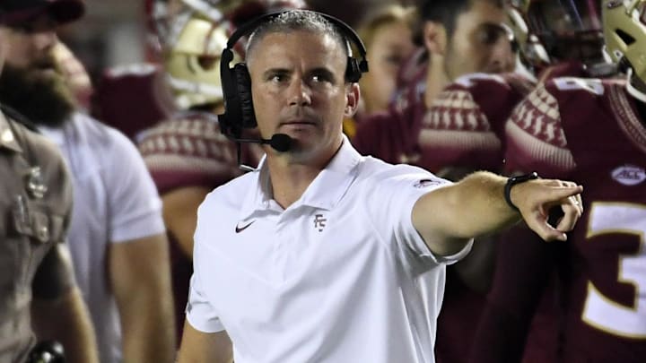 Sep 5, 2021; Tallahassee, Florida, USA; Florida State Seminoles head coach Mike Norvell during the game against the Notre Dame Fighting Irish at Doak S. Campbell Stadium. Mandatory Credit: Melina Myers-Imagn Images Sep 5, 2021; Tallahassee, Florida, USA; Florida State Seminoles head coach Mike Norvell during the game against the Notre Dame Fighting Irish at Doak S. Campbell Stadium. Mandatory Credit: Melina Myers-Imagn Images