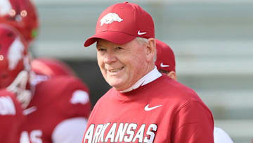 Arkansas Razorbacks interim coach Bobby Petrino prior to the game against the Mississippi State Bulldogs at Razorback Stadium.