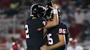 Brandon High School's Will Rogers (2) congratulates Brandon High School's Mason Walker (95) after he gave the Bulldogs the lead on a field goal. Brandon and Warren Central  played in an MHSAA Class 6A football game in Brandon on Friday, September 13, 2019. Photo by Keith Warren

Brandon Warren Central