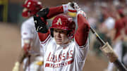 Arkansas Razorbacks outfielder Charles Davalan in the on-deck circle against the Texas A&M Aggies at Baum-Walker Stadium in Fayetteville, Ark.