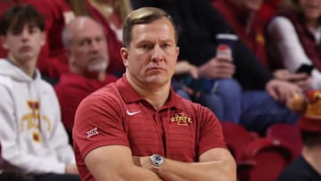 Dec 3, 2025; Ames, Iowa, USA; Iowa State Cyclones head coach T.J. Otzelberger watches his team play the Alcorn State Braves during the second half at James H. Hilton Coliseum. 