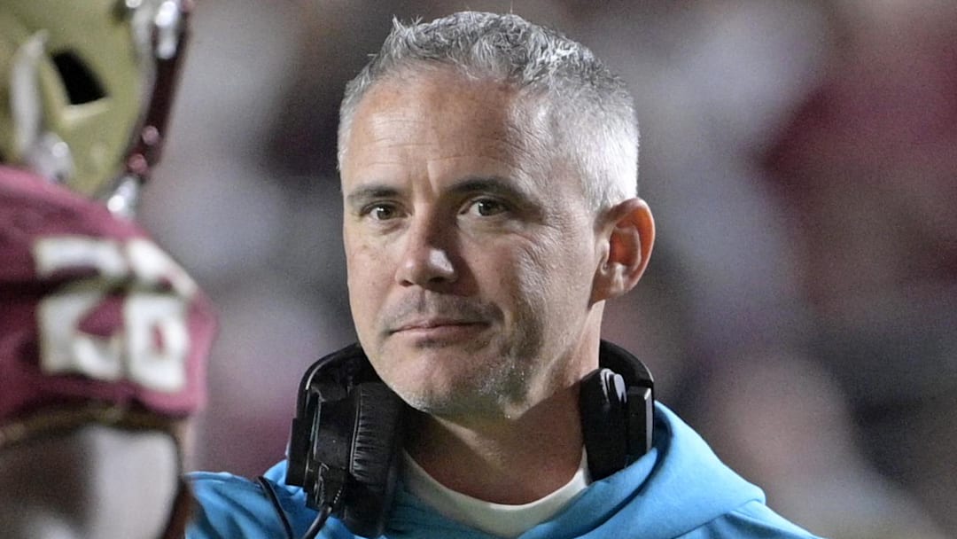 Nov 1, 2025; Tallahassee, Florida, USA; Florida State Seminoles head coach Mike Norvell celebrates a touchdown during the fourth quarter against the Wake Forest Demon Deacons at Doak S. Campbell Stadium. Mandatory Credit: Melina Myers-Imagn Images