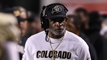 Oct 25, 2025; Salt Lake City, Utah, USA; Colorado Buffaloes head coach Deion Sanders looks on during a time out in the game against the Utah Utes during the second quarter at Rice-Eccles Stadium. Mandatory Credit: Rob Gray-Imagn Images
