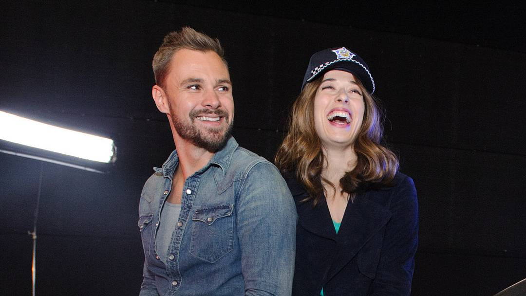 Patrick John Flueger and Marina Squerciati take part in a behind-the-scenes show and tell at the NBC "One Chicago" press day