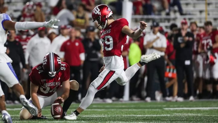 Indiana kicker Nicolas Radicic attempts a kick during a 2023 game against Indiana State.