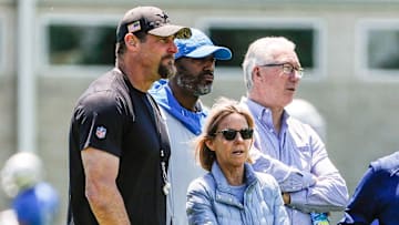 Detroit Lions head coach Dan Campbell, general manager Brad Holmes, owner Sheila Ford Hamp and president Rod Wood.