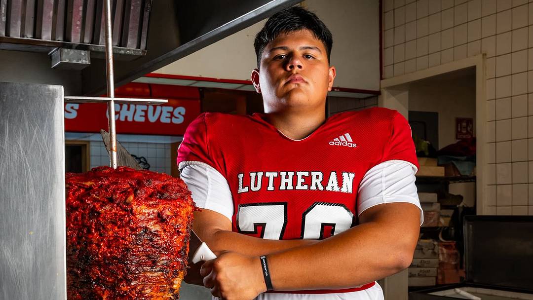Orange Lutheran offensive lineman Mario “Torta Power” Luna poses alongside a trompo, a fitting backdrop for the Mexican-born sophomore whose personality, heritage and play on the field have helped turn his nickname into a growing brand. Orange Lutheran offensive lineman Mario “Torta Power” Luna poses alongside a trompo, a fitting backdrop for the Mexican-born sophomore whose personality, heritage and play on the field have helped turn his nickname into a growing brand.