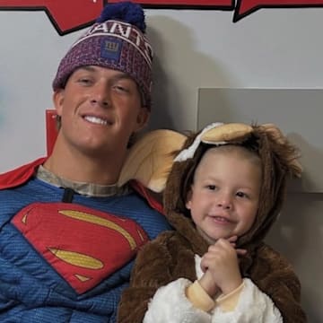 Jaxson Dart and Giuseppe Maniero during the New York Giants Annual Halloween Visit 