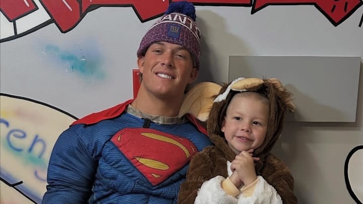 Jaxson Dart and Giuseppe Maniero during the New York Giants Annual Halloween Visit 