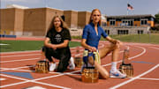 Adidas pro Katelyn Tuohy (left) poses with 2024-2025 Gatorade Girls National Track and Field Player of the Year Jane Hedengren with Gatorade Player of the Year trophies after Tuohy surprised Hedengren with the award on Tuesday, July 1, 2025.