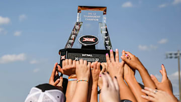 The Oklahoma State Cowgirls celebrate after defeating the Oklahoma Sooners in the Big 12 Softball Championship at USA Softball Hall of Fame Complex in Oklahoma City on Saturday, May 14, 2022.