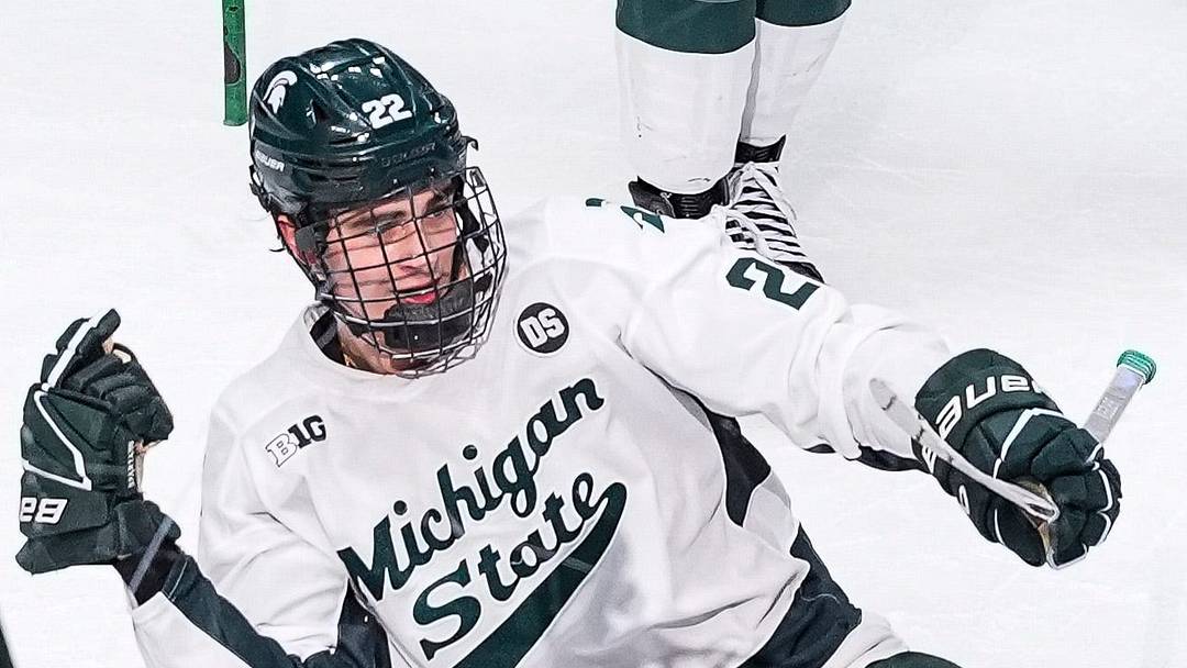 Michigan State forward Porter Martone celebrates scoring a goal against Michigan during Duel in the D at Little Caesars Arena in Detroit on February 7, 2026. Michigan State forward Porter Martone celebrates scoring a goal against Michigan during Duel in the D at Little Caesars Arena in Detroit on February 7, 2026.