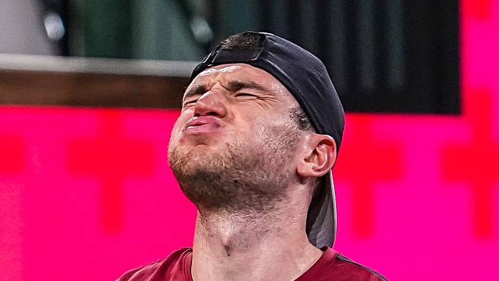 Jack Draper reacts to a point won by Novak Djokovic at the BNP Paribas Open in Indian Wells