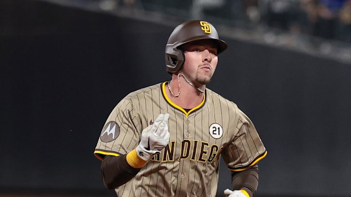 Sep 16, 2025; New York City, New York, USA; San Diego Padres center fielder Jackson Merrill (3) hits a solo home run during the second inning against the New York Mets at Citi Field. Mandatory Credit: Vincent Carchietta-Imagn Images