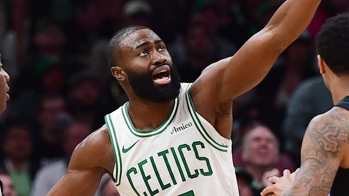 Apr 20, 2025; Boston, Massachusetts, USA; Boston Celtics guard Jaylen Brown (7) questions a foul to referee Mitchell Ervin during the second half against the Orlando Magic at TD Garden. Mandatory Credit: Bob DeChiara-Imagn Images
