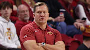 Dec 3, 2025; Ames, Iowa, USA; Iowa State Cyclones head coach T.J. Otzelberger watches his team play the Alcorn State Braves during the second half at James H. Hilton Coliseum. 