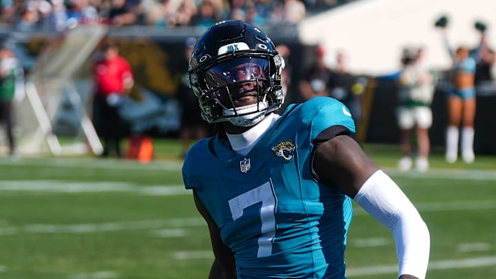 Jacksonville Jaguars wide receiver Brian Thomas Jr. (7) celebrates a touchdown in the first quarter during an NFL football game at EverBank Stadium, Sunday, Dec. 14, 2025, in Jacksonville, Fla.