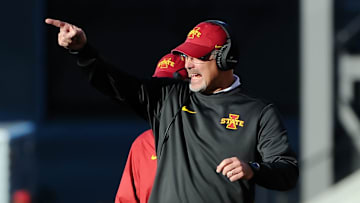 Nov 14, 2015; Ames, IA, USA; Iowa State Cyclones head coach Paul Rhoads reacts to an overturned call against the Oklahoma State Cowboys at Jack Trice Stadium. Mandatory Credit: Steven Branscombe-Imagn Images